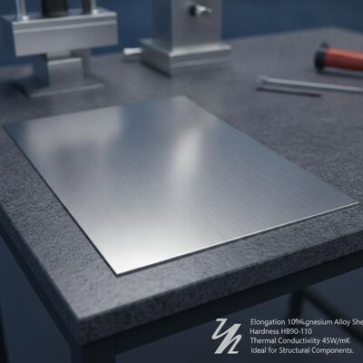 Lámina de aleación de magnesio con elongación del 10 por ciento, que ofrece una dureza HB90-110 y una conductividad térmica de 45 W por metro Kelvin, ideal para componentes estructurales